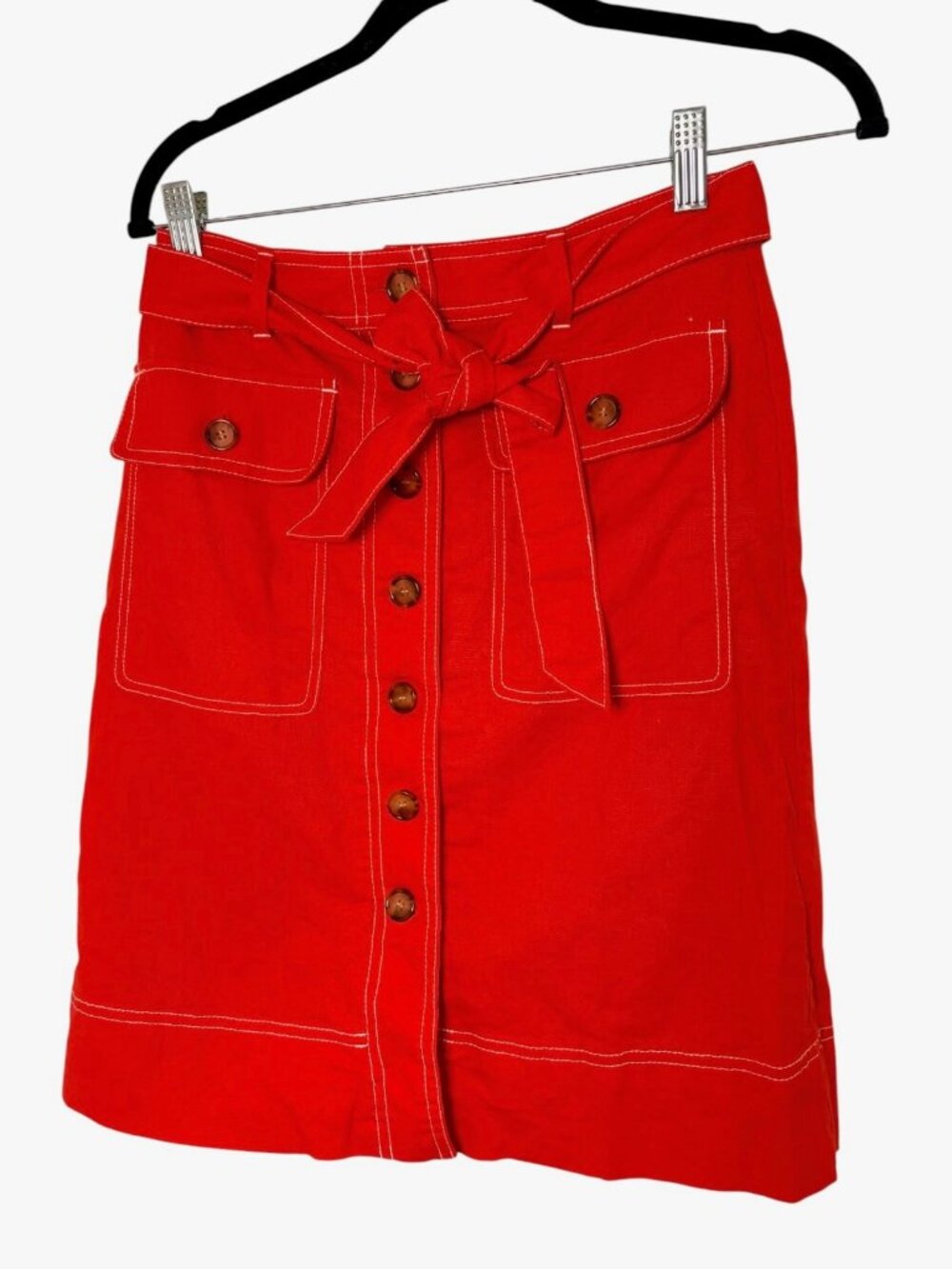 J.Crew Factory Red Linen Blend Button Through Belted Skirt Size 00